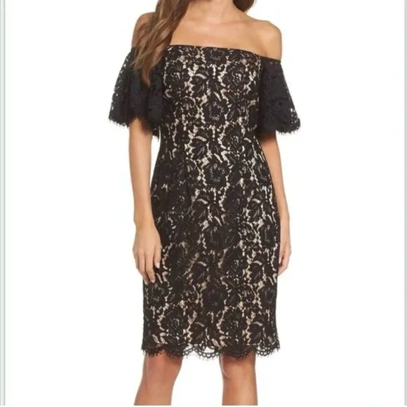 ELIZA J Cocktail/Wedding Floral Black Lace Off Shoulder Flutter SLV Sheath 10 - Picture 1 of 16